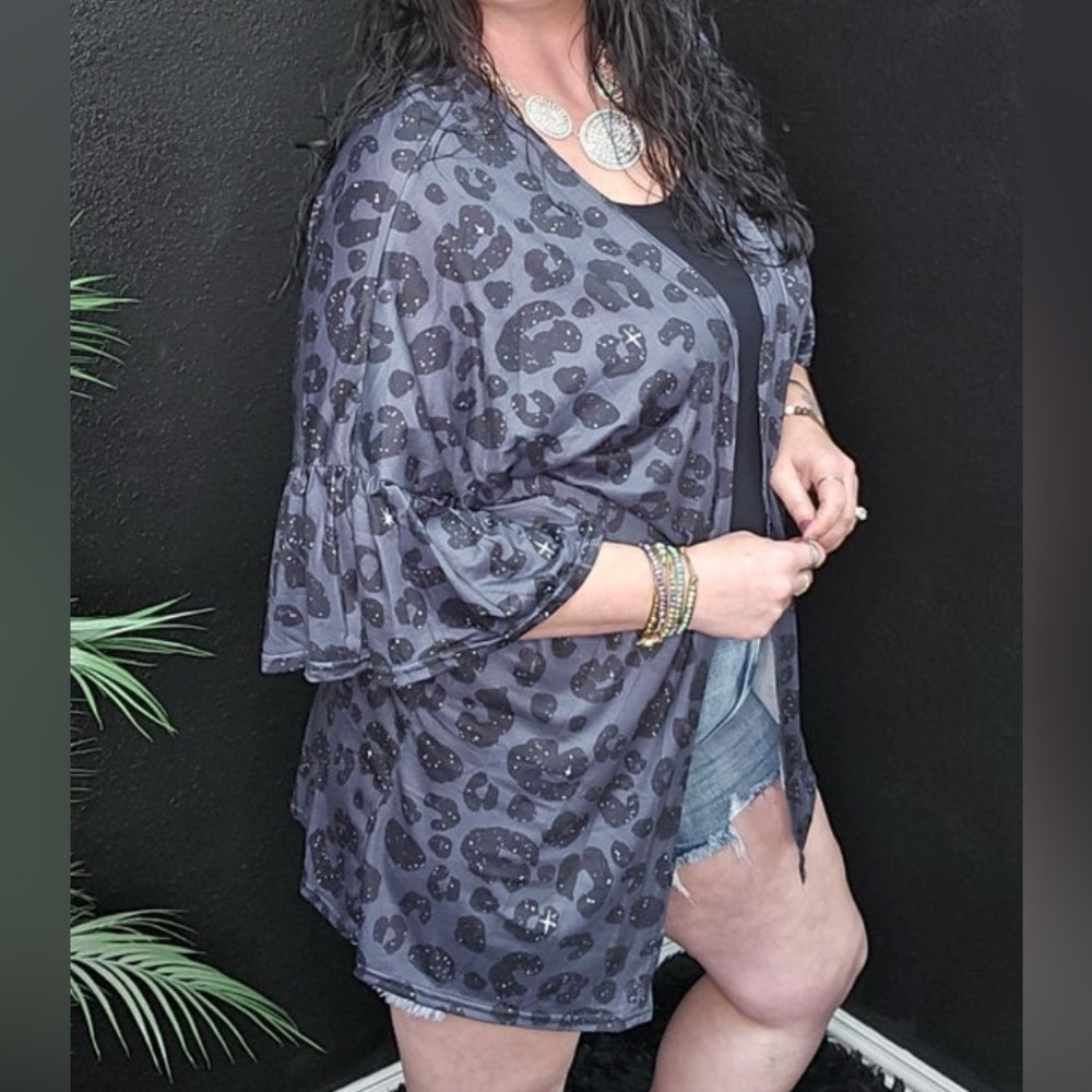 Charcoal Leopard Print Ruffle Short Sleeve Cardigan Large New